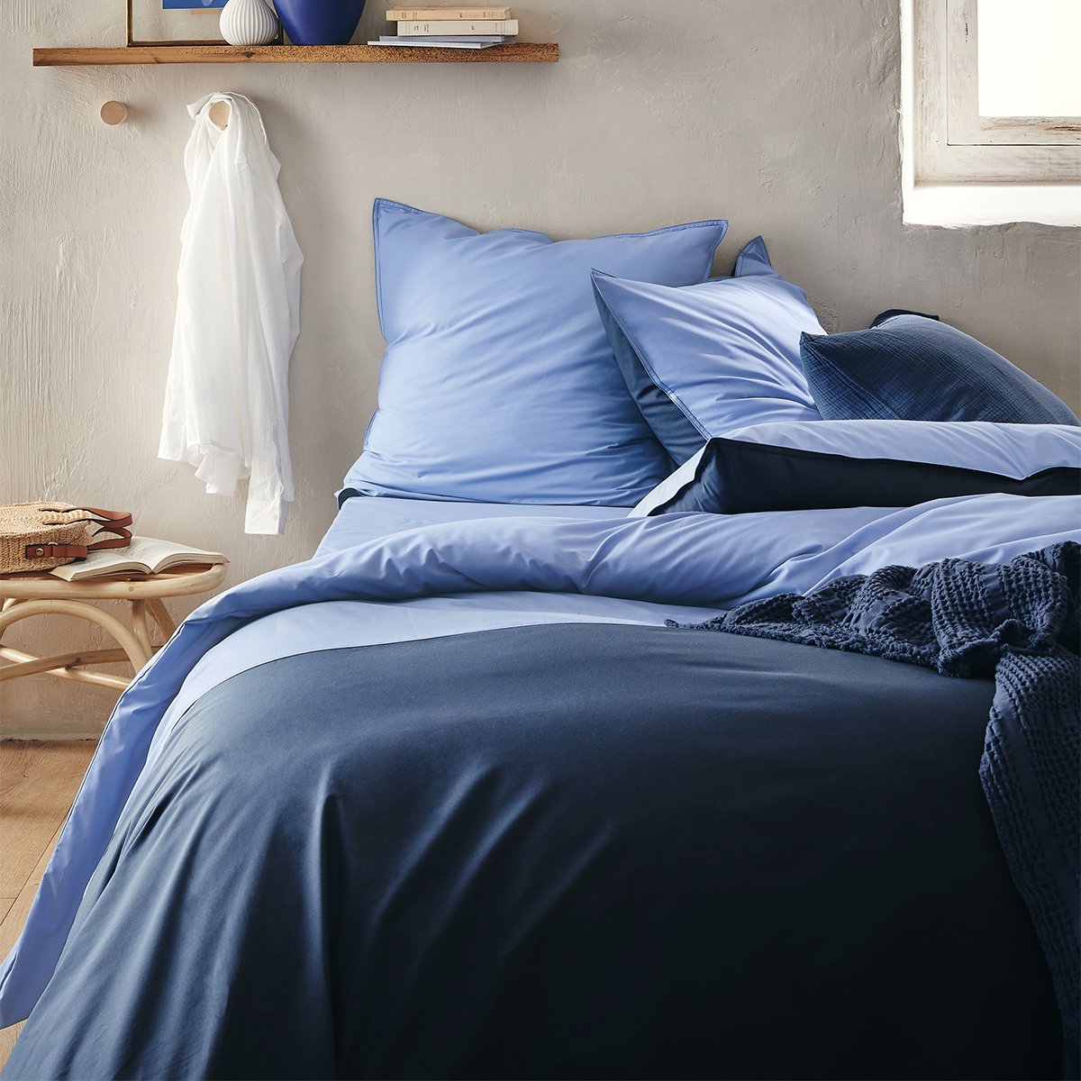 Taie d'oreiller bicolore en percale de coton, RENDEZ-VOUS OLYMPE bleu, ESSIX