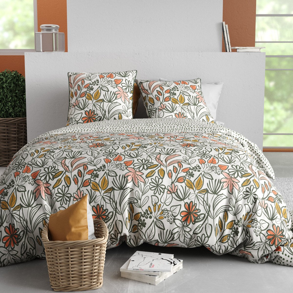 Parure housse de couette en coton imprimée, Narcisse vert, C DESIGN HOME TEXTILE