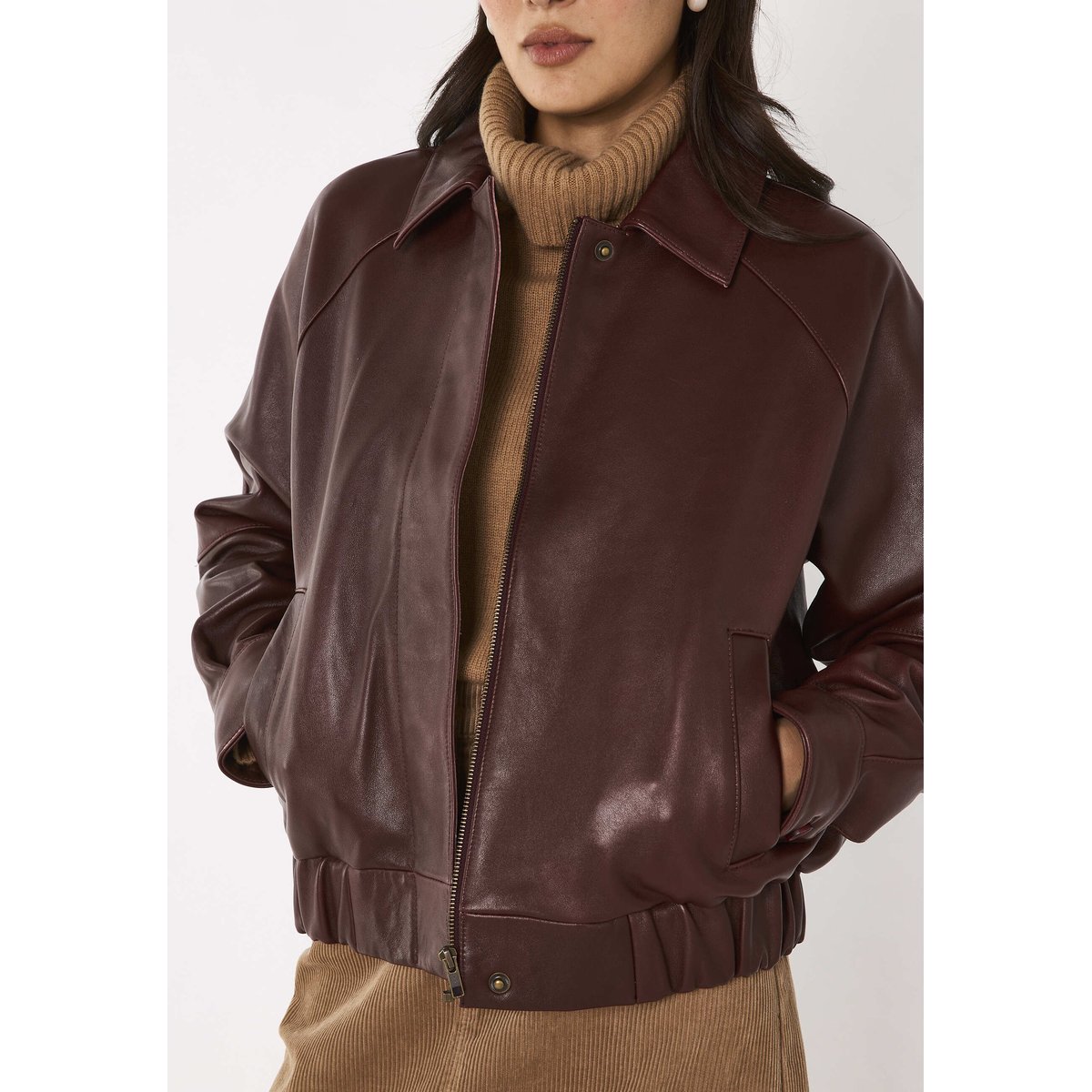 Blouson à manches longuesen cuir BARNABE cannelle, Maison 123