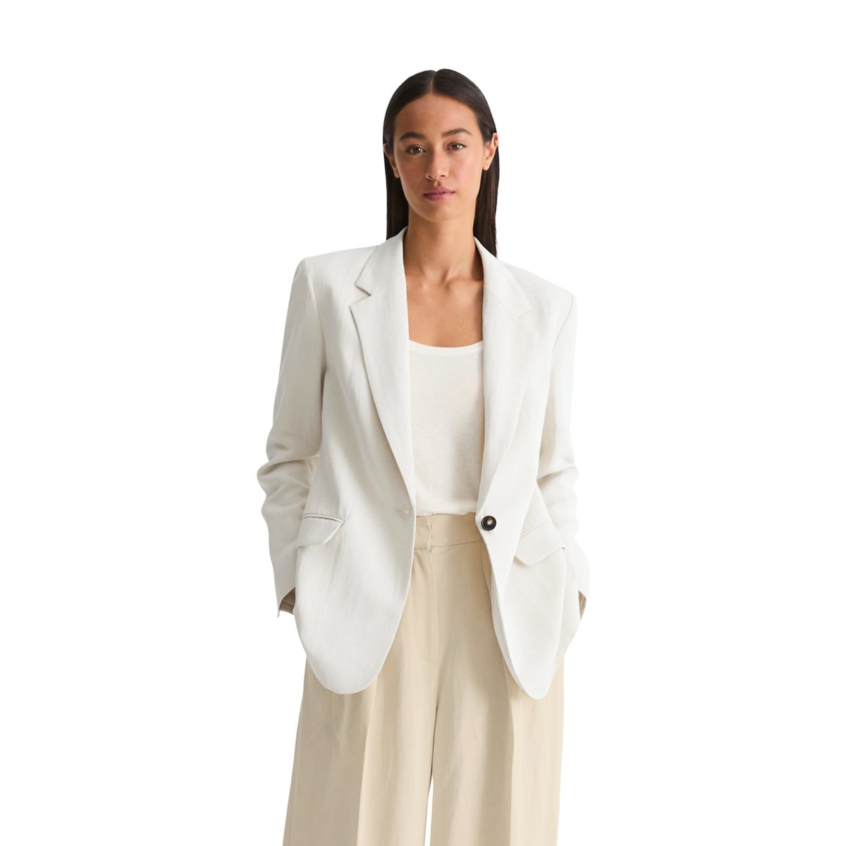Blazer en forme en mélange viscose-lin beige, MARC O'POLO