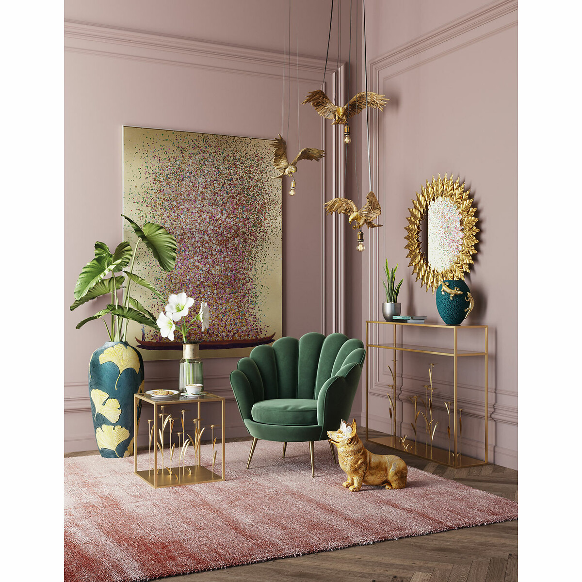 Quadro ritoccato olio Flower Boat oro-rosa 120x160 color oro, KARE DESIGN