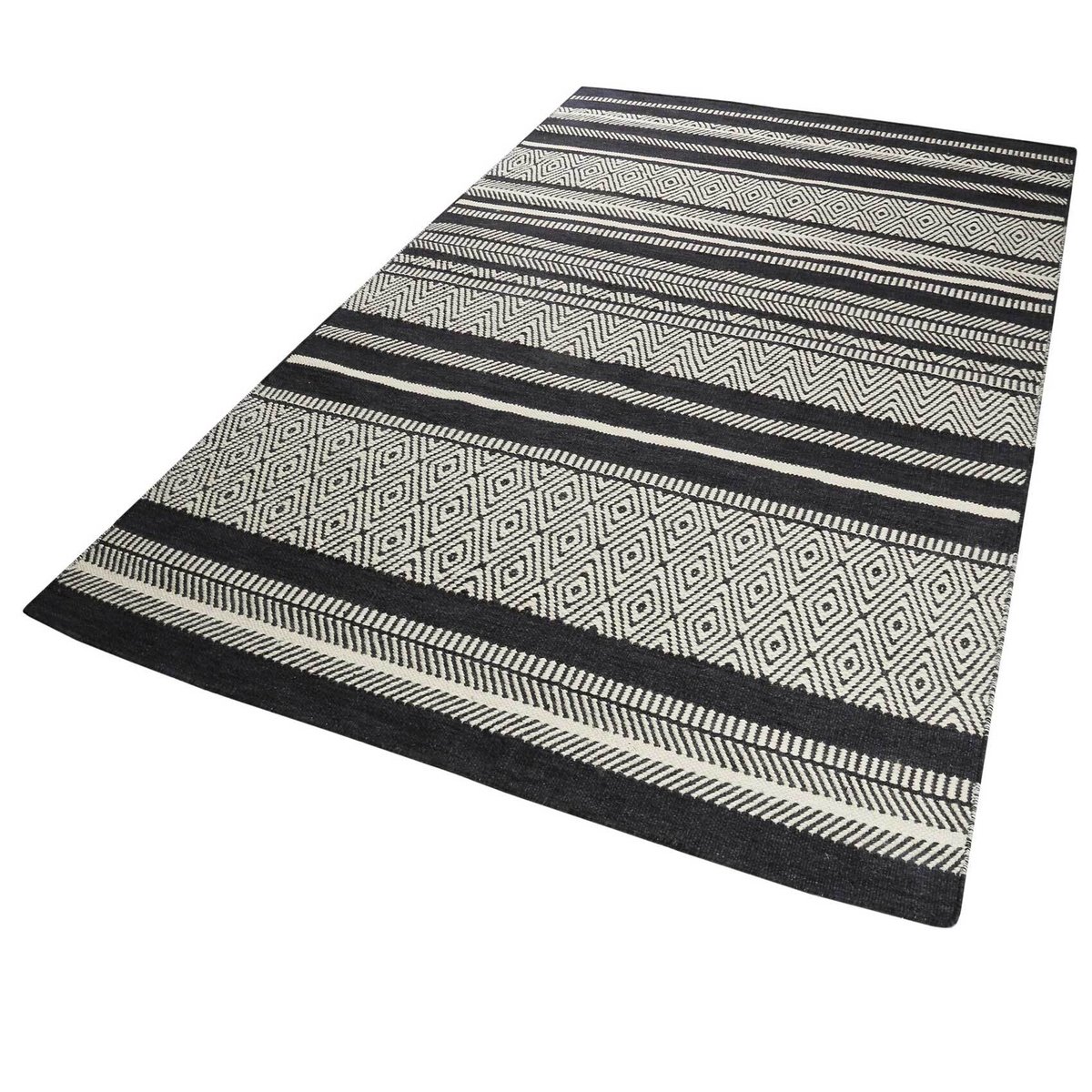 Tapis salon fait main pure laine , HUDSON KELIM noir/beige, ESPRIT