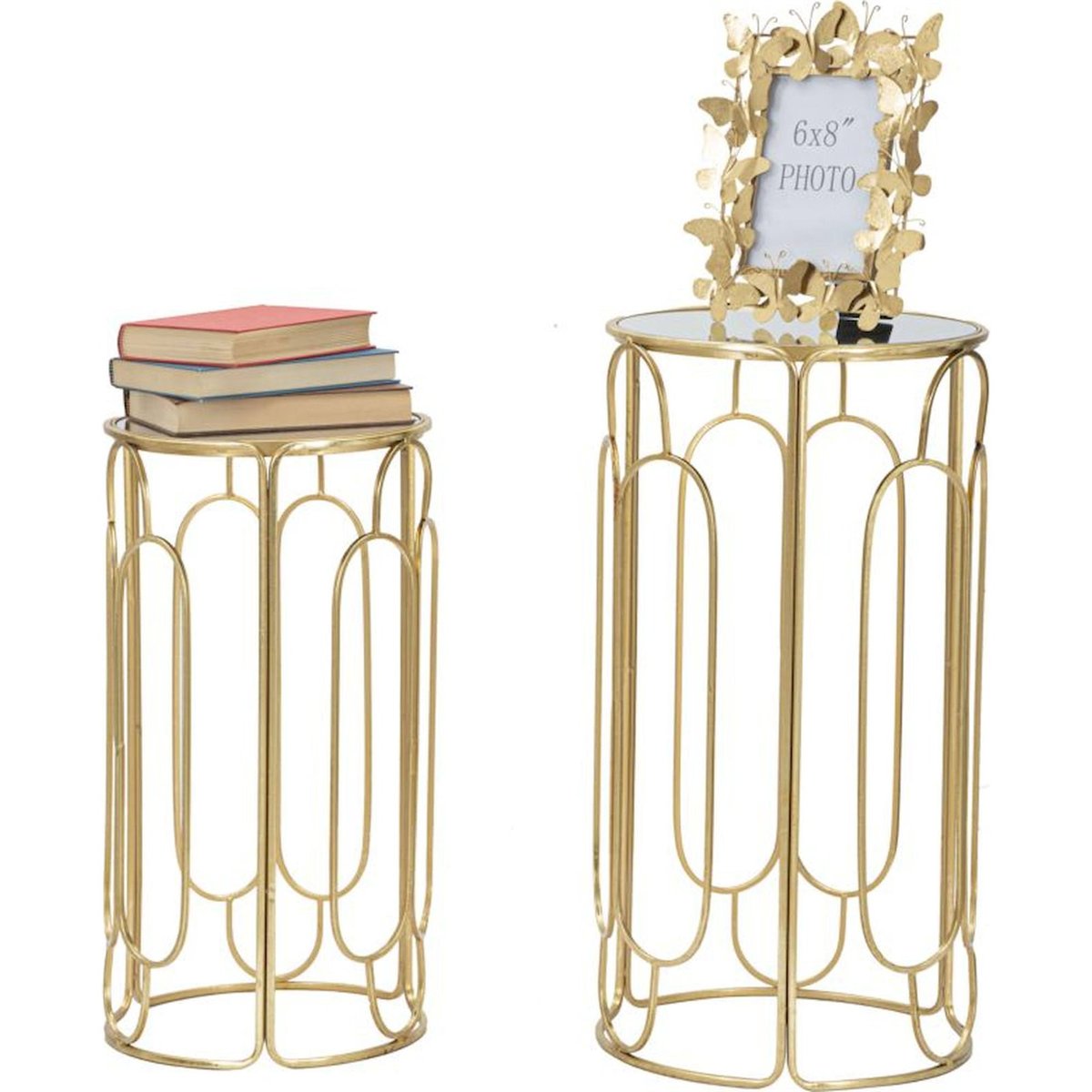 Sellettes rondes en fer plateau miroir GLAM doré et argenté, RECOLLECTION