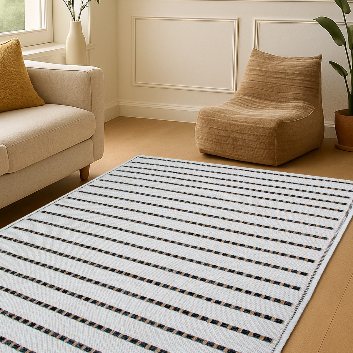 Tapis salon aspect jute rayures JUTA LOOK blanc, noir, THE DECO FACTORY