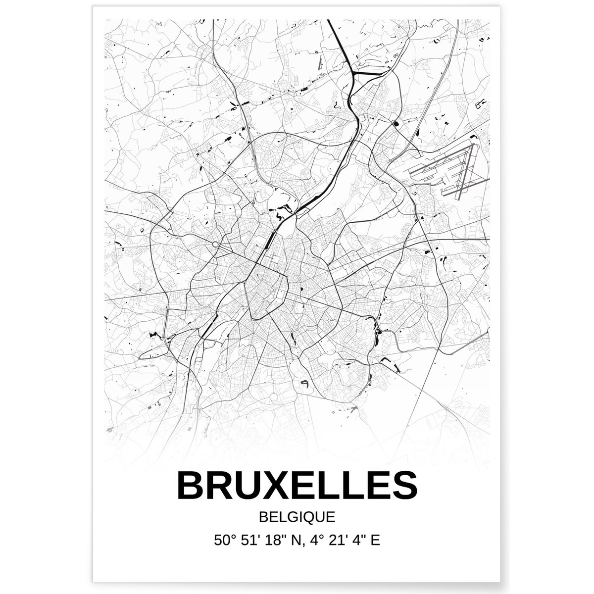 Affiche carte Bruxelles - rectangle Noir et Blanc blanc, L'AFFICHERIE