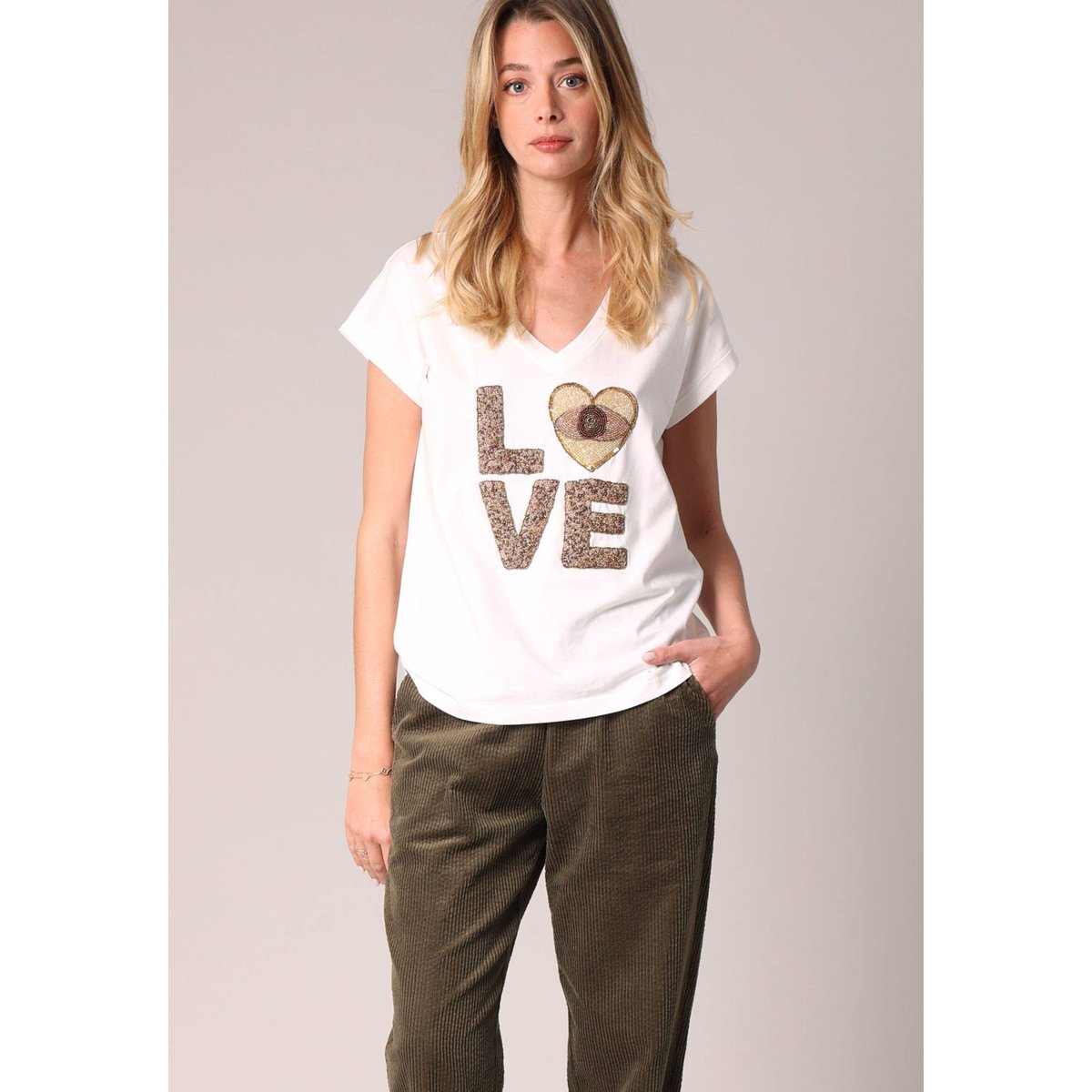 T-shirt femme avec broderie perle love MYKAMORE off white, DEELUXE