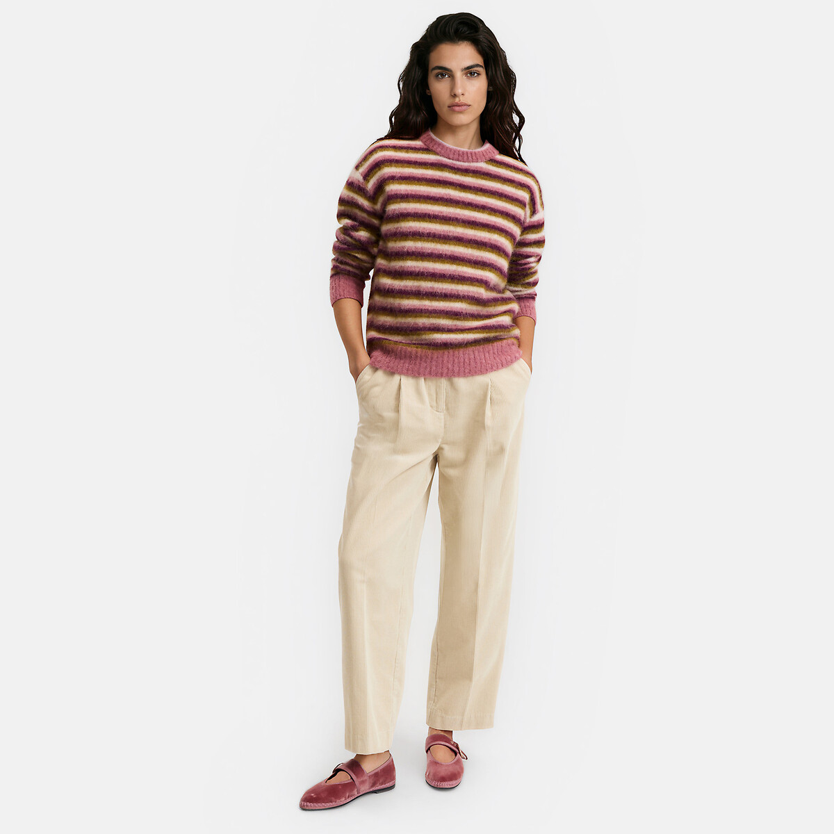 Pull col rond à rayures, en alpaga mélangé rayé multicolore, LA REDOUTE COLLECTIONS
