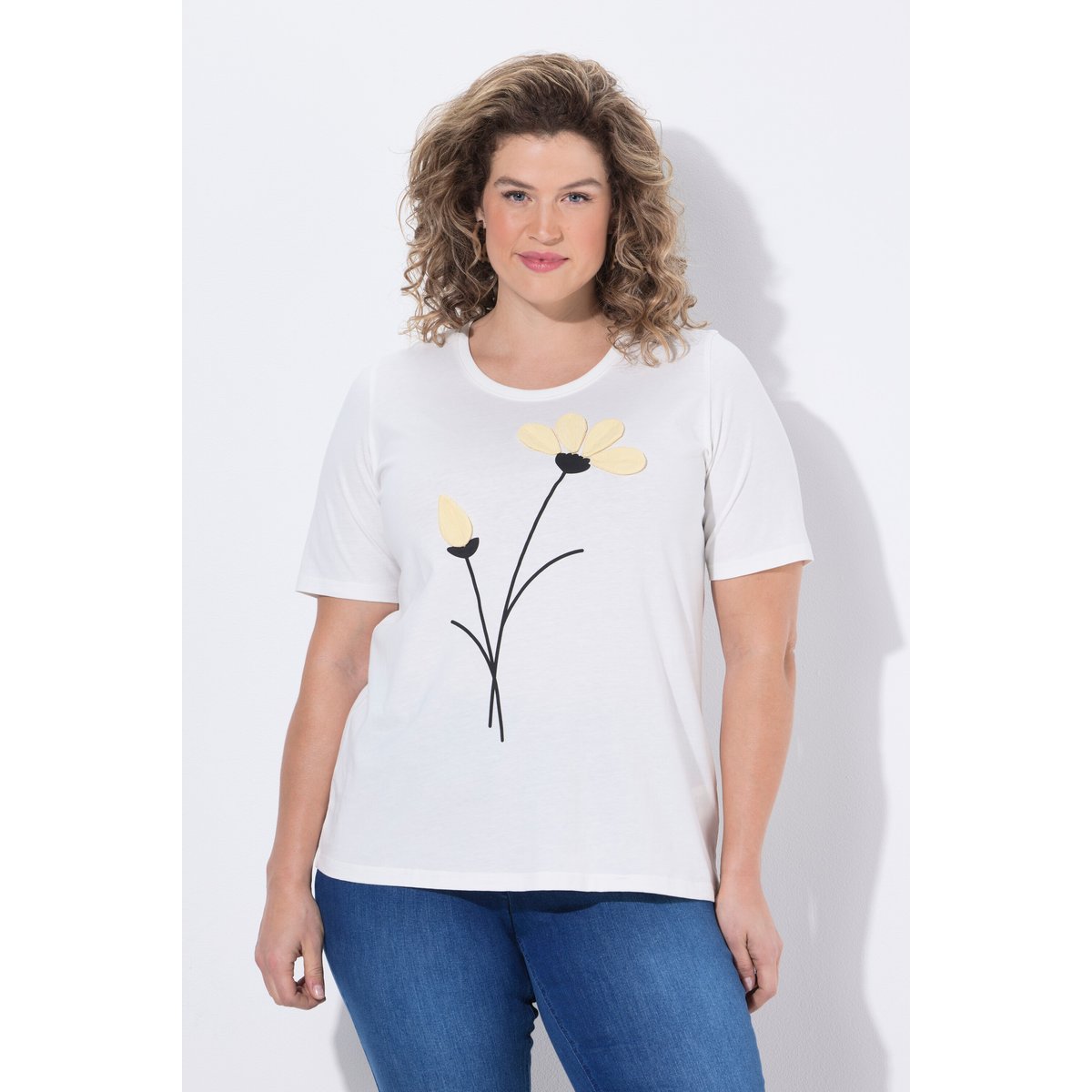 T-shirt à fleurs en coton bio blanc cassé, ULLA POPKEN