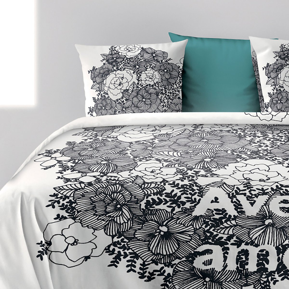 Parure housse de couette en coton imprimée, Avec amour gris foncé, C DESIGN HOME TEXTILE