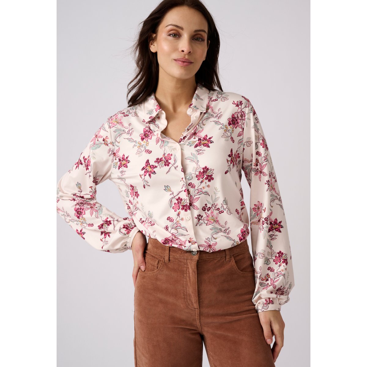 Chemisier en maille chaude marron beige fleuri, DAMART