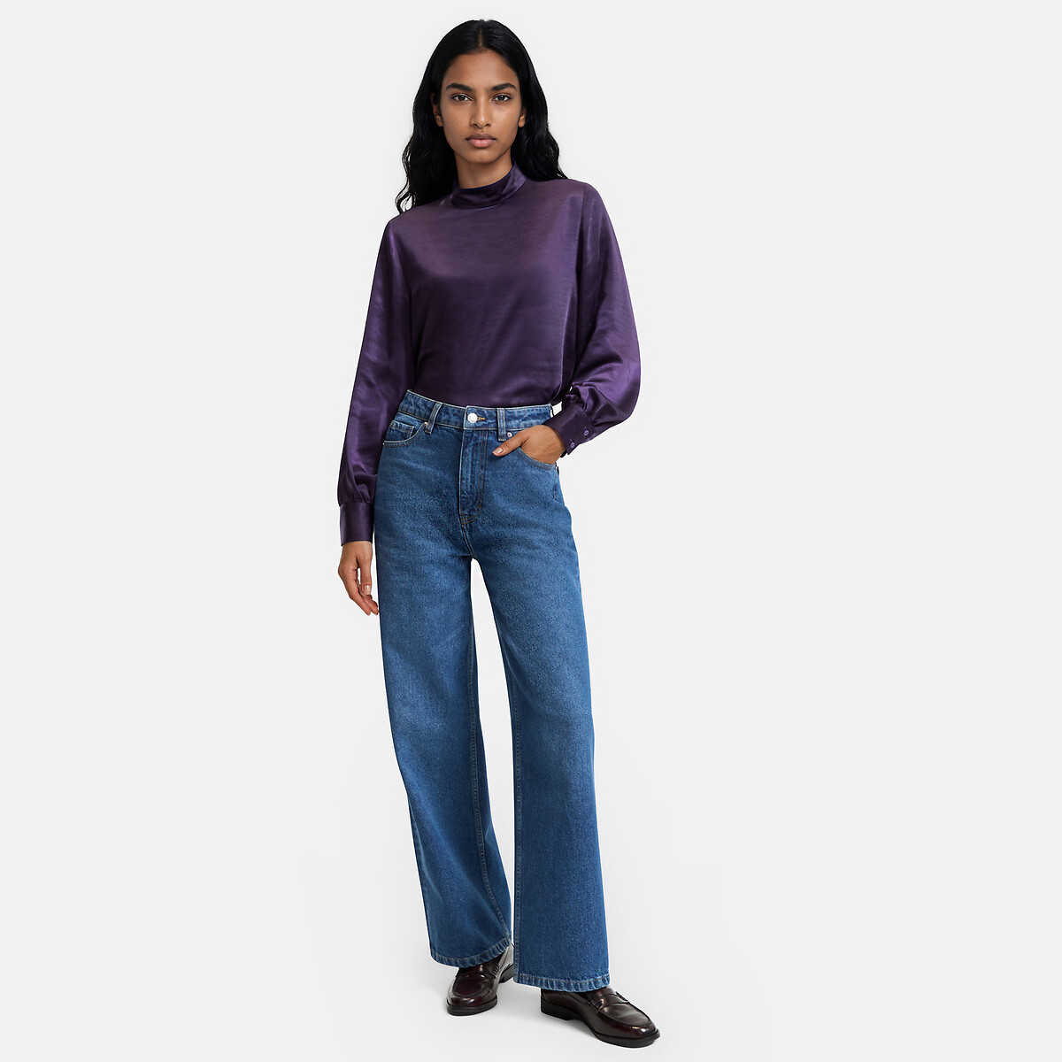 Blouse col montant en satin manches longues violet, LA REDOUTE COLLECTIONS
