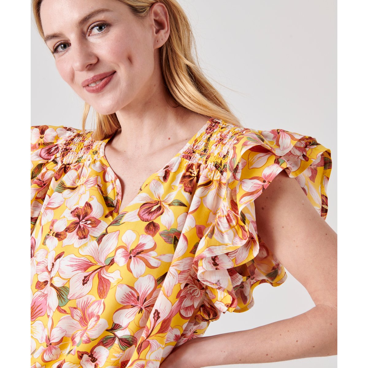 Blouse fleurie à volants jaune fleuri, DAMART