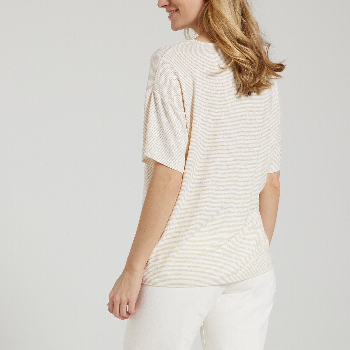 T-shirt oversized a righe sottili brillanti ecru , PIECES