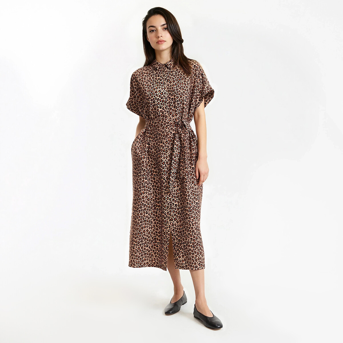 Robe évasée, imprimé animalier, longue, manches courtes imprimé léopard, LA REDOUTE COLLECTIONS