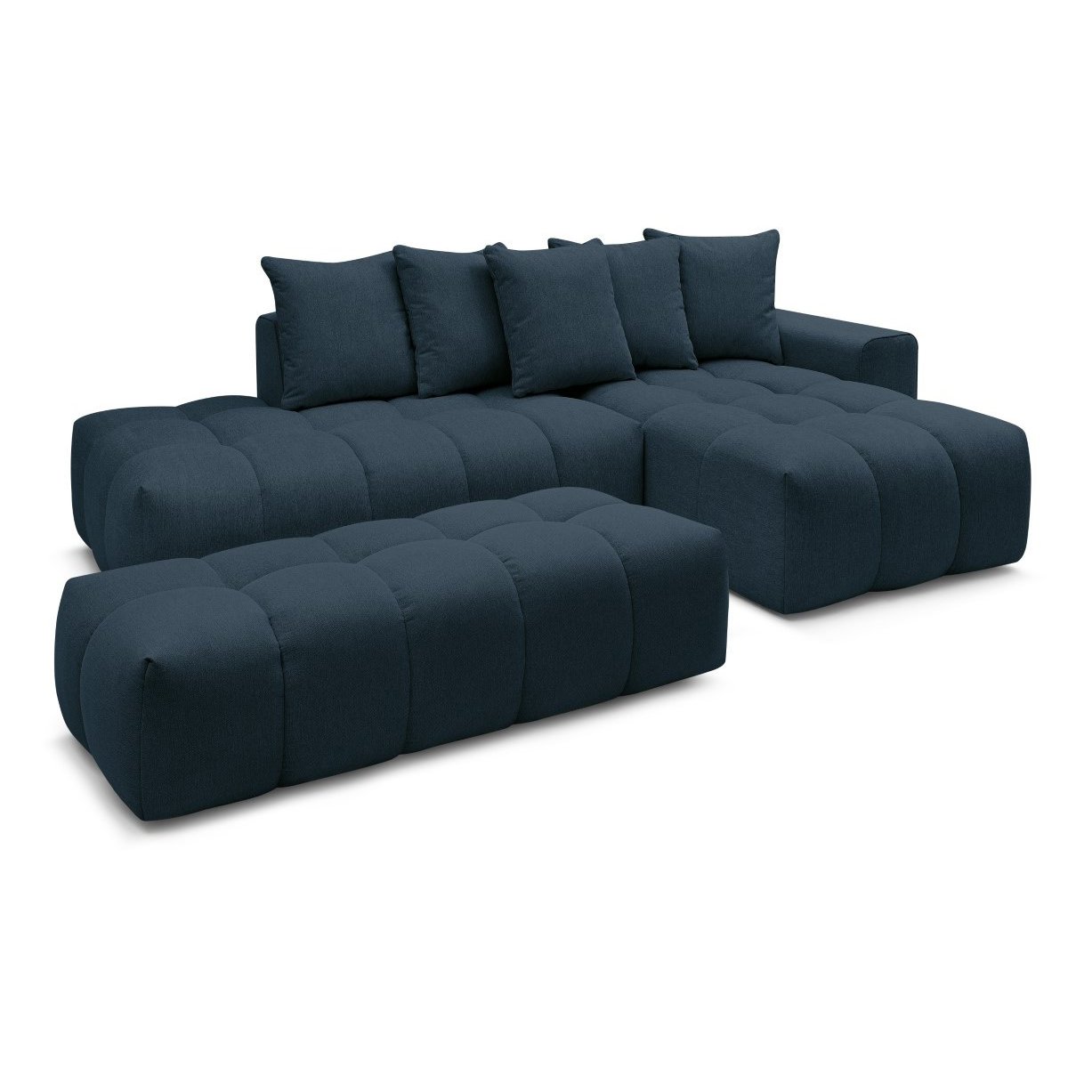 Canapé d'angle fixe 4 places en tissu chiné avec pouf, MONT-BLANC bleu foncé, BOBOCHIC