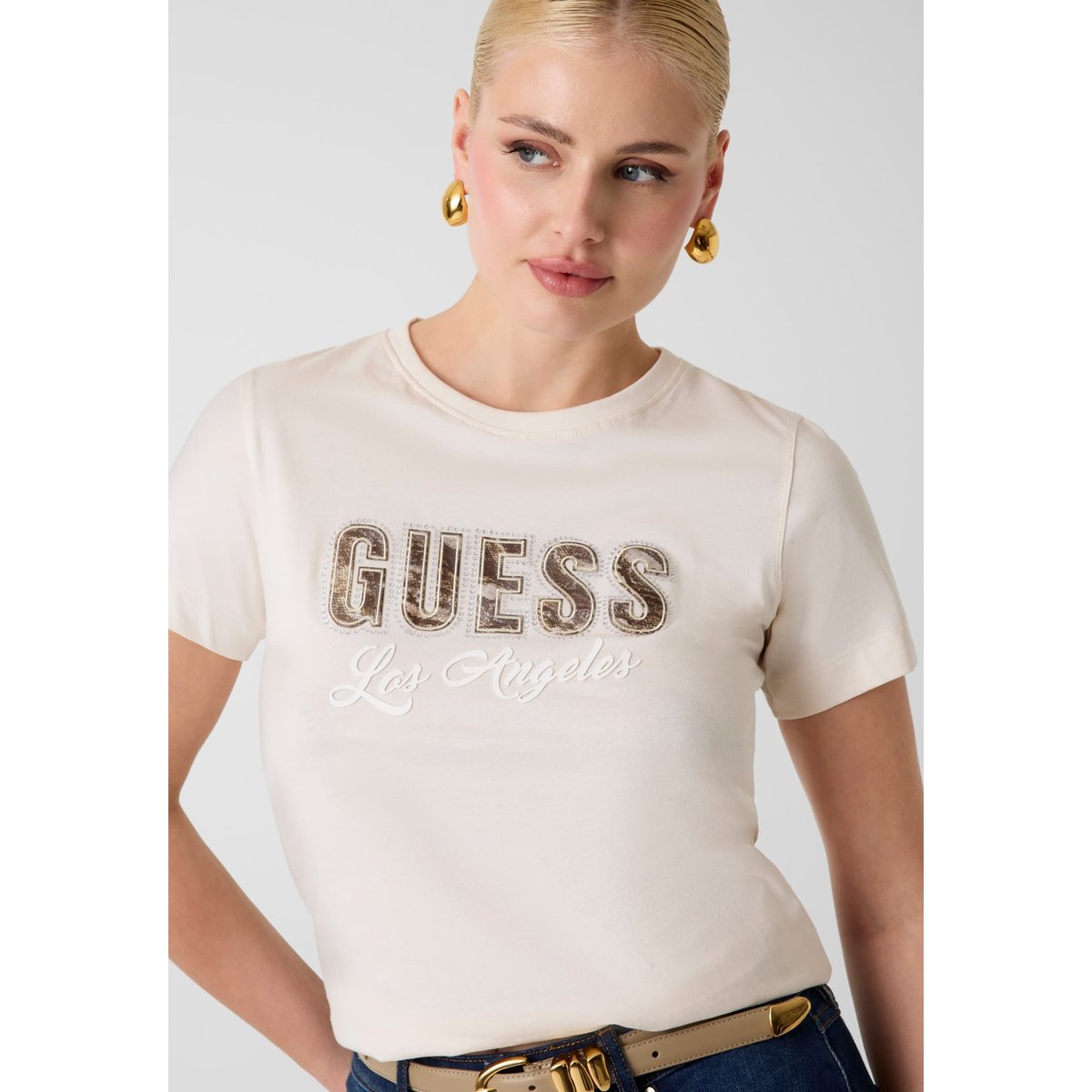 T-Shirt Avec Logo Imprimé crème, GUESS