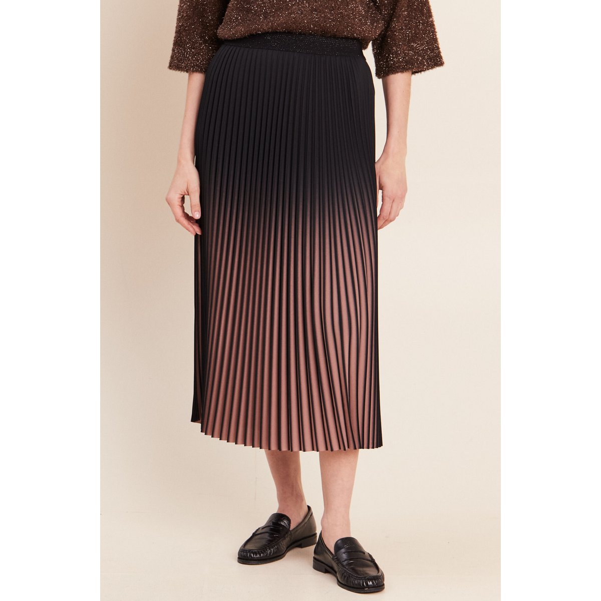 Jupe midi patineuse plissée marron foncé, BREAL
