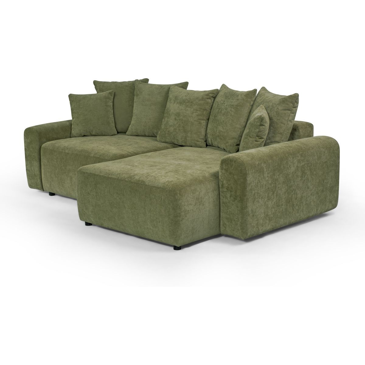 Canapé d'angle convertible réversible 4 places avec coffre de rangement en tissu chenille - MONCEAU vert olive, HOMIFAB