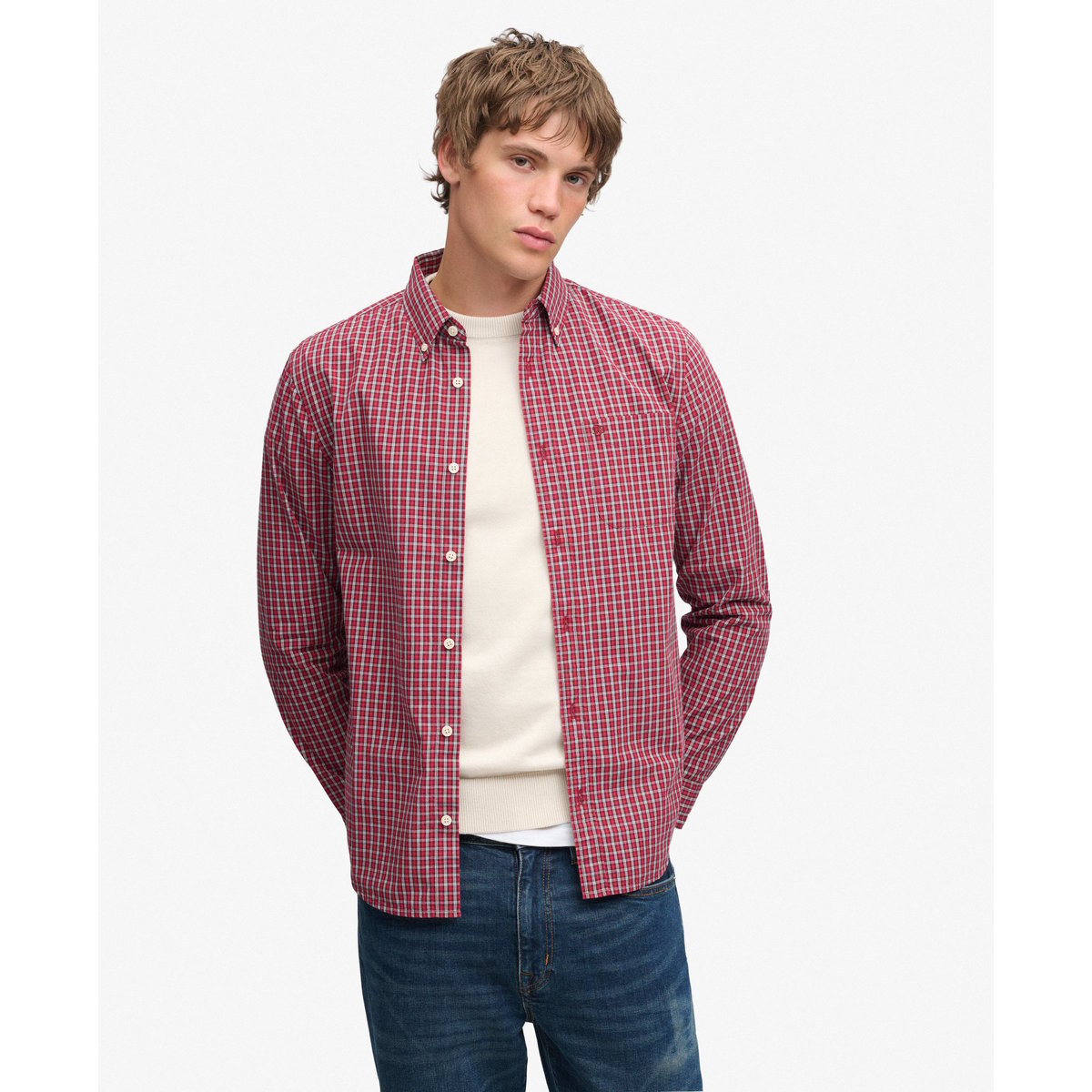 Chemise Preppy Poplin à Manches Longues carreaux rouges glen, SUPERDRY