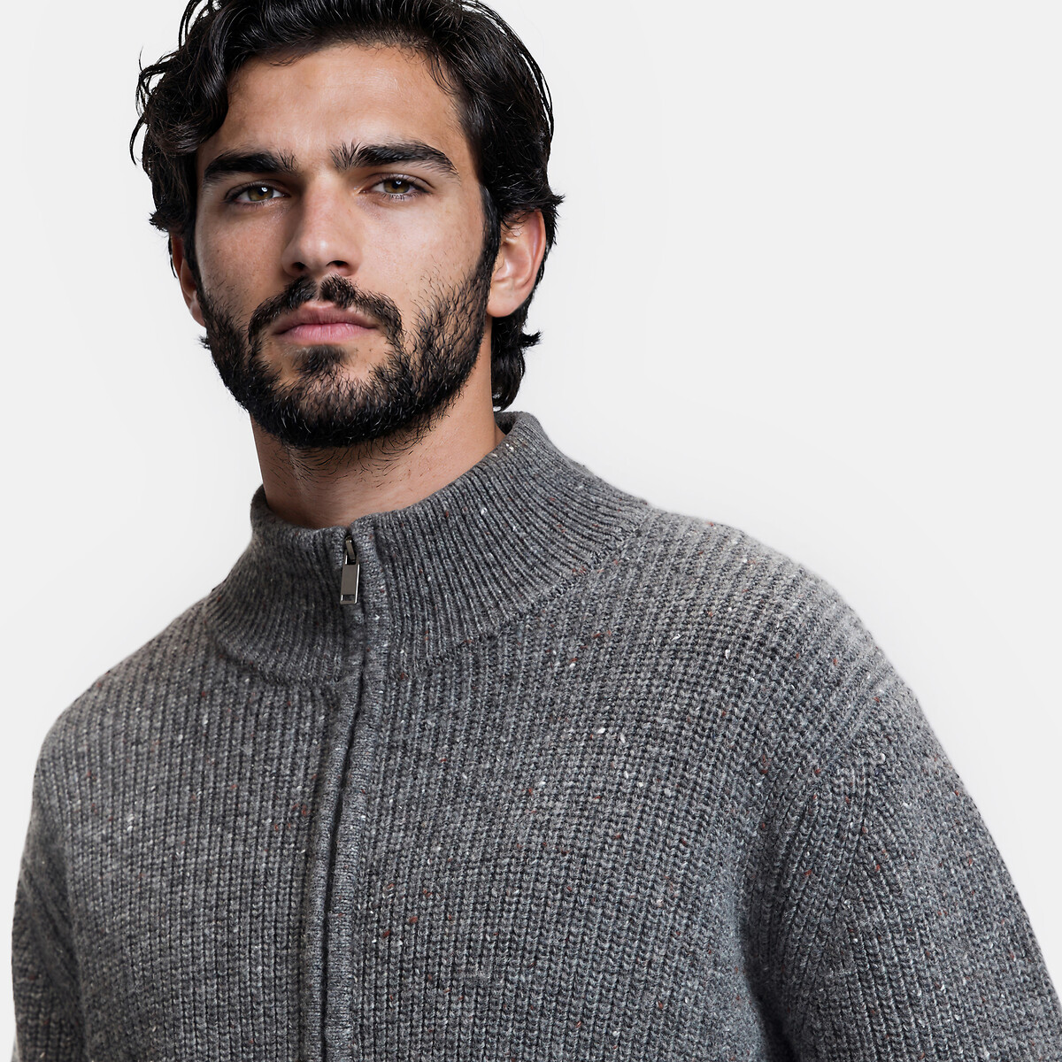 Gilet zippé, col montant, en laine mélangée gris chiné, LA REDOUTE COLLECTIONS