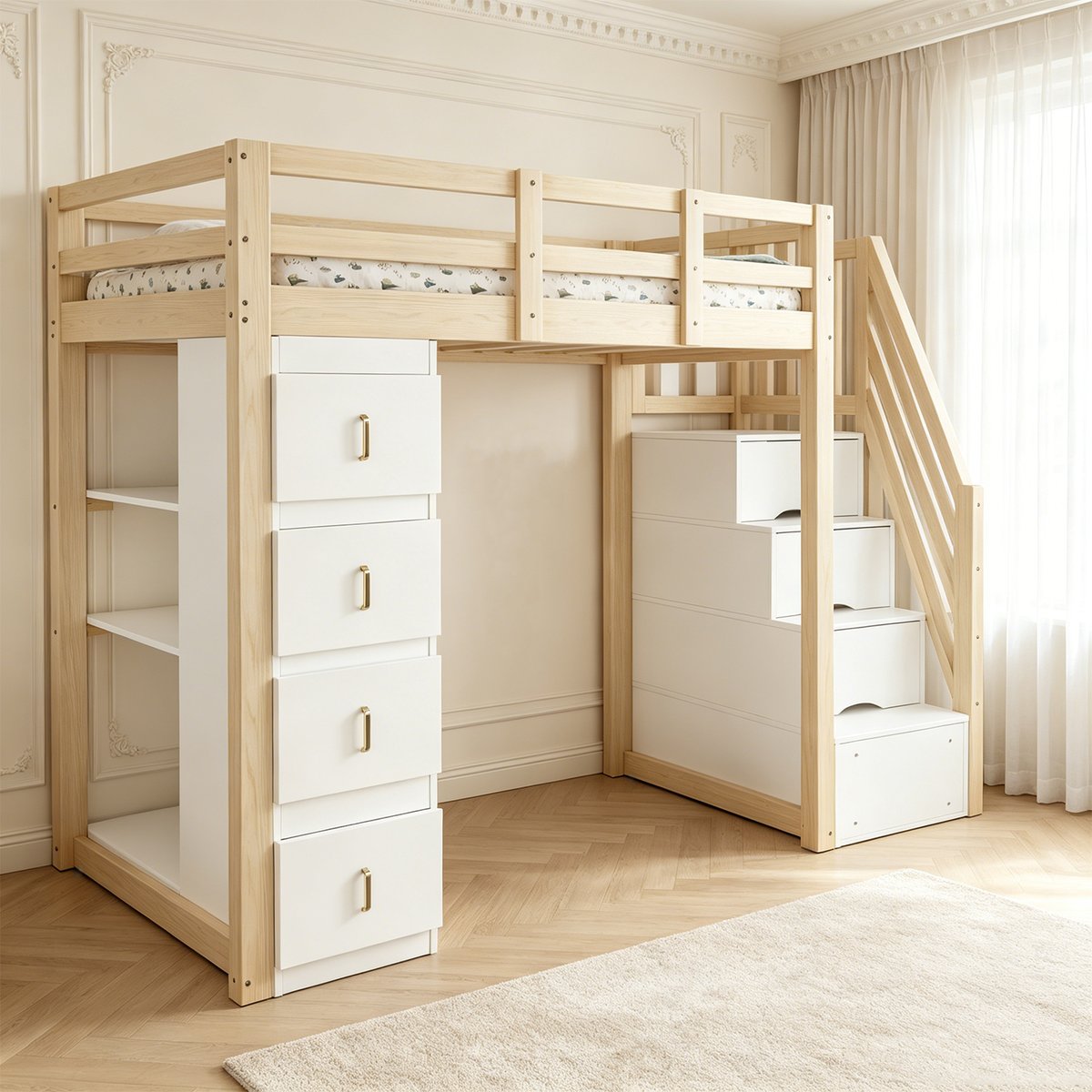 Lit mezzanine avec rangement, LOFTCOVEB blanc, MEUBLES COSY