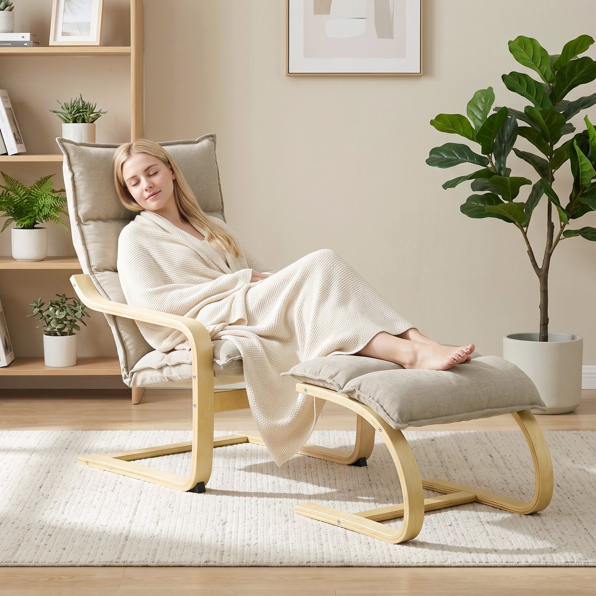 Fauteuil d'appoint avec repose-pieds Lin beige, HOMCOM