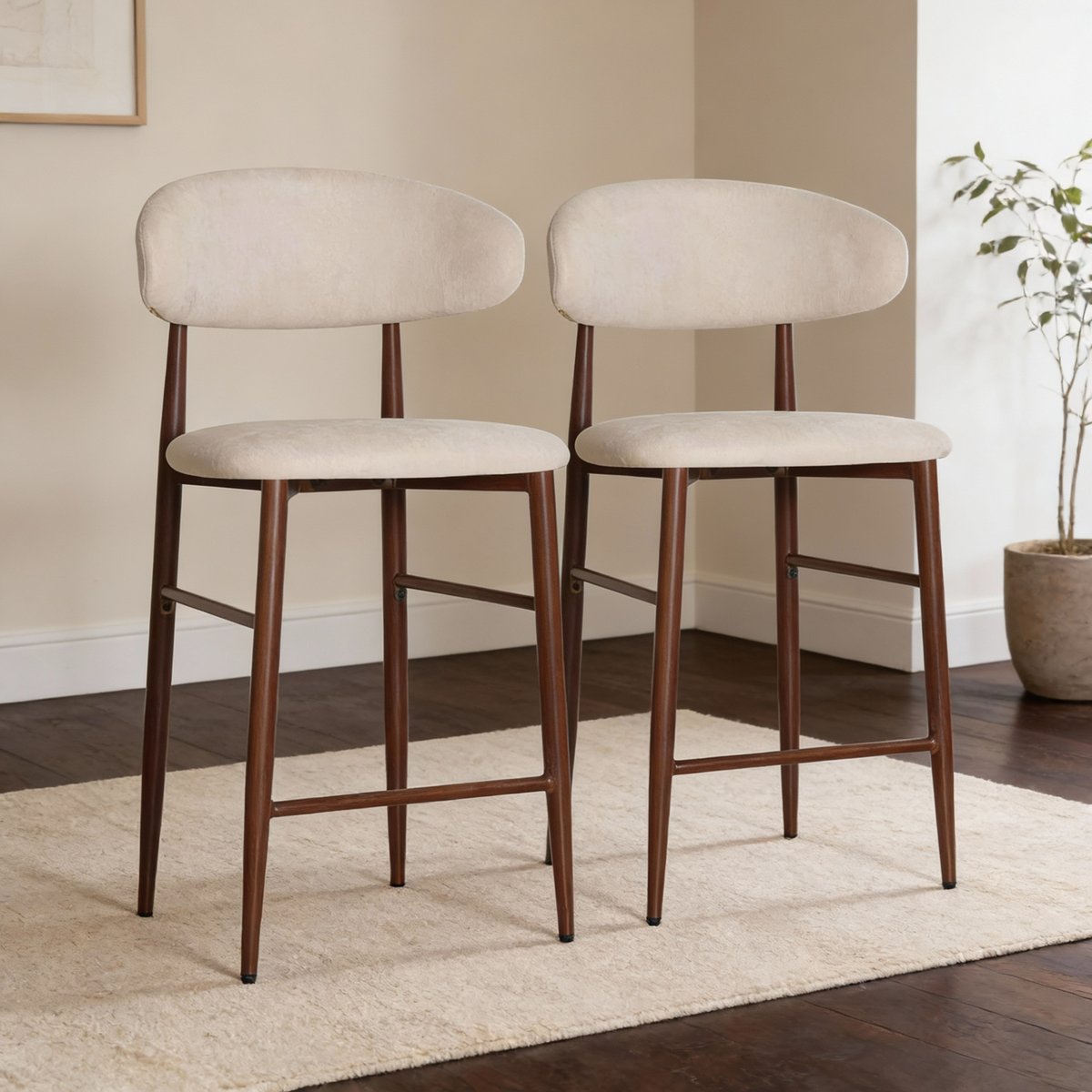 Tabourets de bar en tissu, lot de 2, Simon, SIMON beige, bois foncé, HAPPY GARDEN