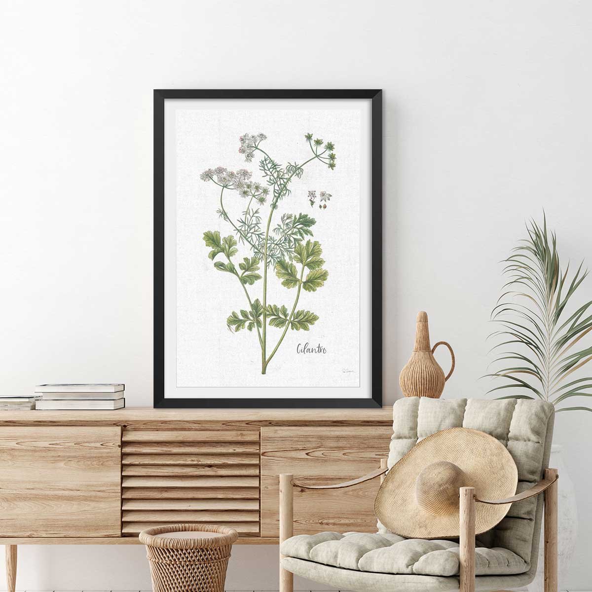 Affiche fleurs Coriandre dessinée affiche + cadre en bois - noir, HEXOA