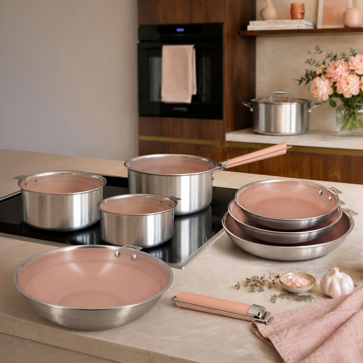 Batterie de cuisine 8 pièces en acier inoxydable avec 2 poignées, AGLAE inox-rose, MENASTYL