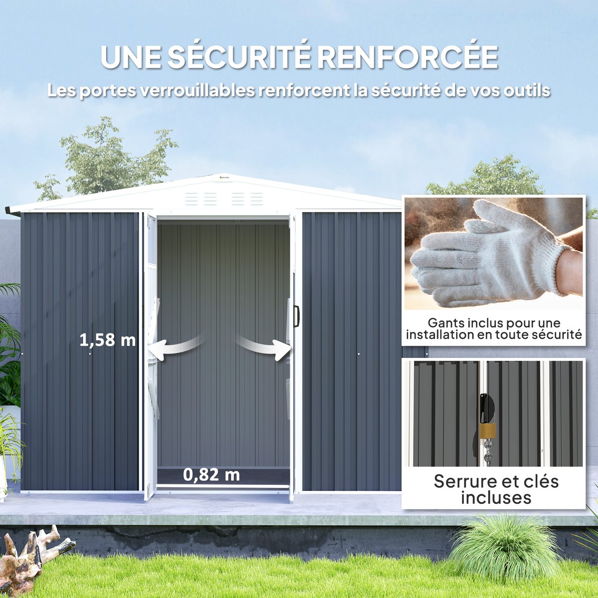Abri de jardin surface 2,7 m² - 2 portes fenêtres évents - tôle d'acier gris, OUTSUNNY