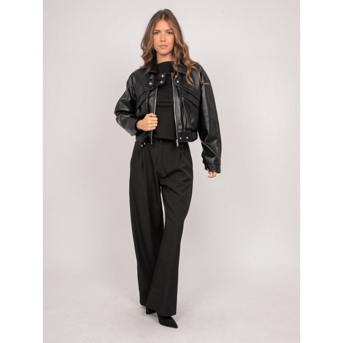 Blouson Court Simili Cuir Col Montant Uzay noir, DONA LISA