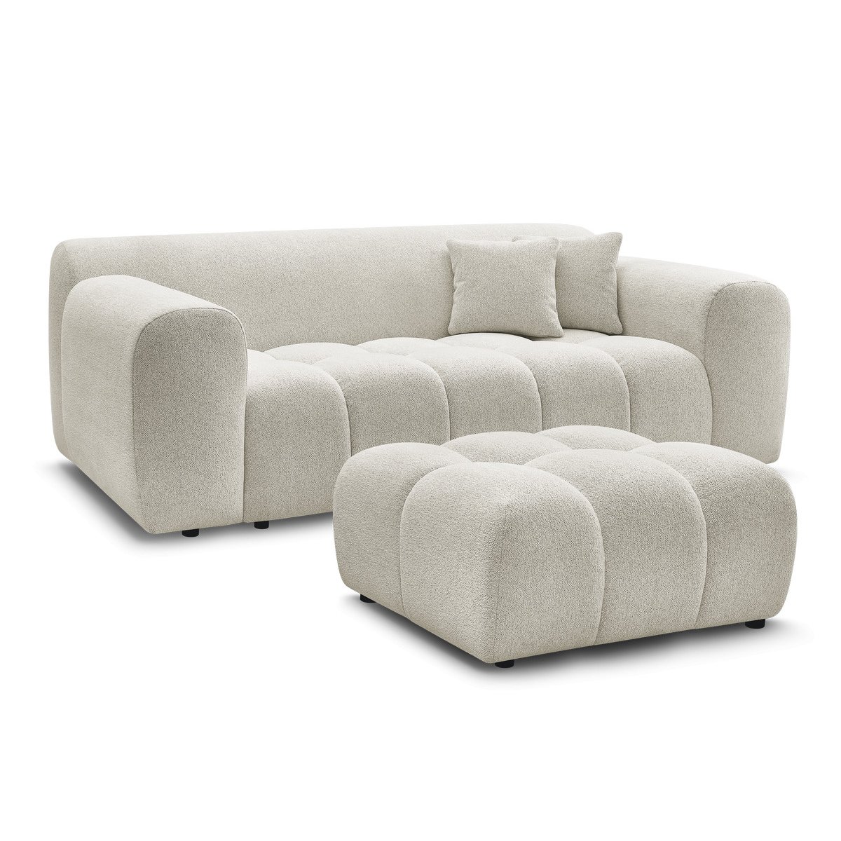 Canapé droit fixe 2 places en tissu chiné avec pouf, MELISSE blanc, BOBOCHIC