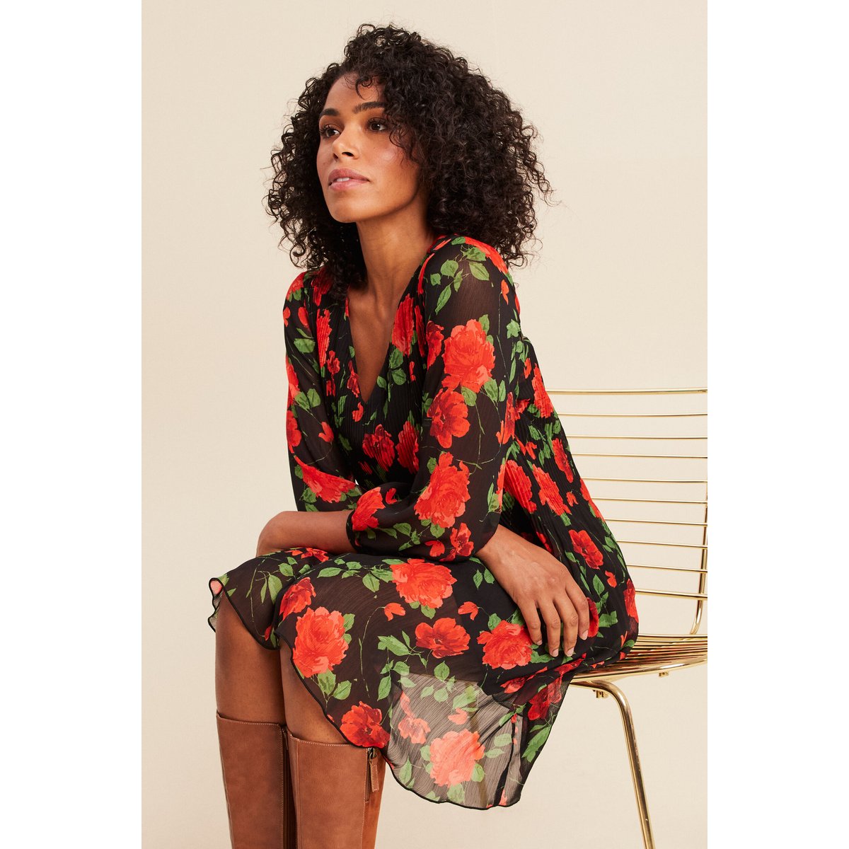 Robe courte évasée plissée manches 3/4 rouge, BREAL