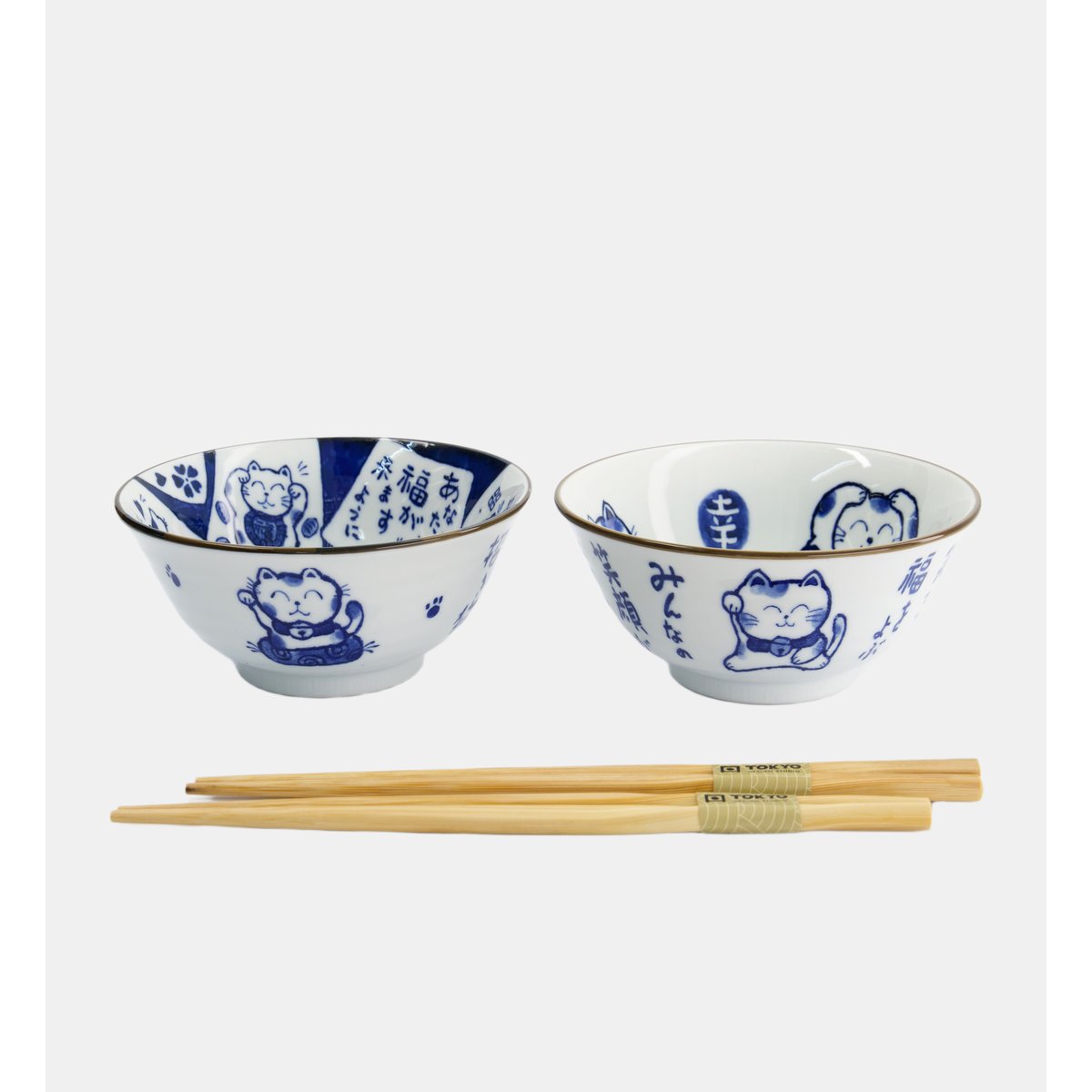 Coffret de 2 bols tayo et baguettes - chat blanc et bleu, TOKYO DESIGN STUDIO