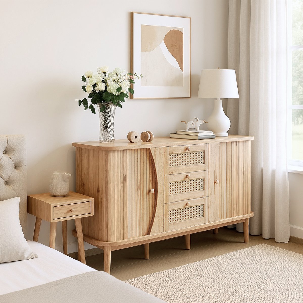 Armoire de rangement avec 2 portes 4 couches et 3 tiroirs ovale style scandinave, KIMIA Armoire chêne, MEUBLES COSY