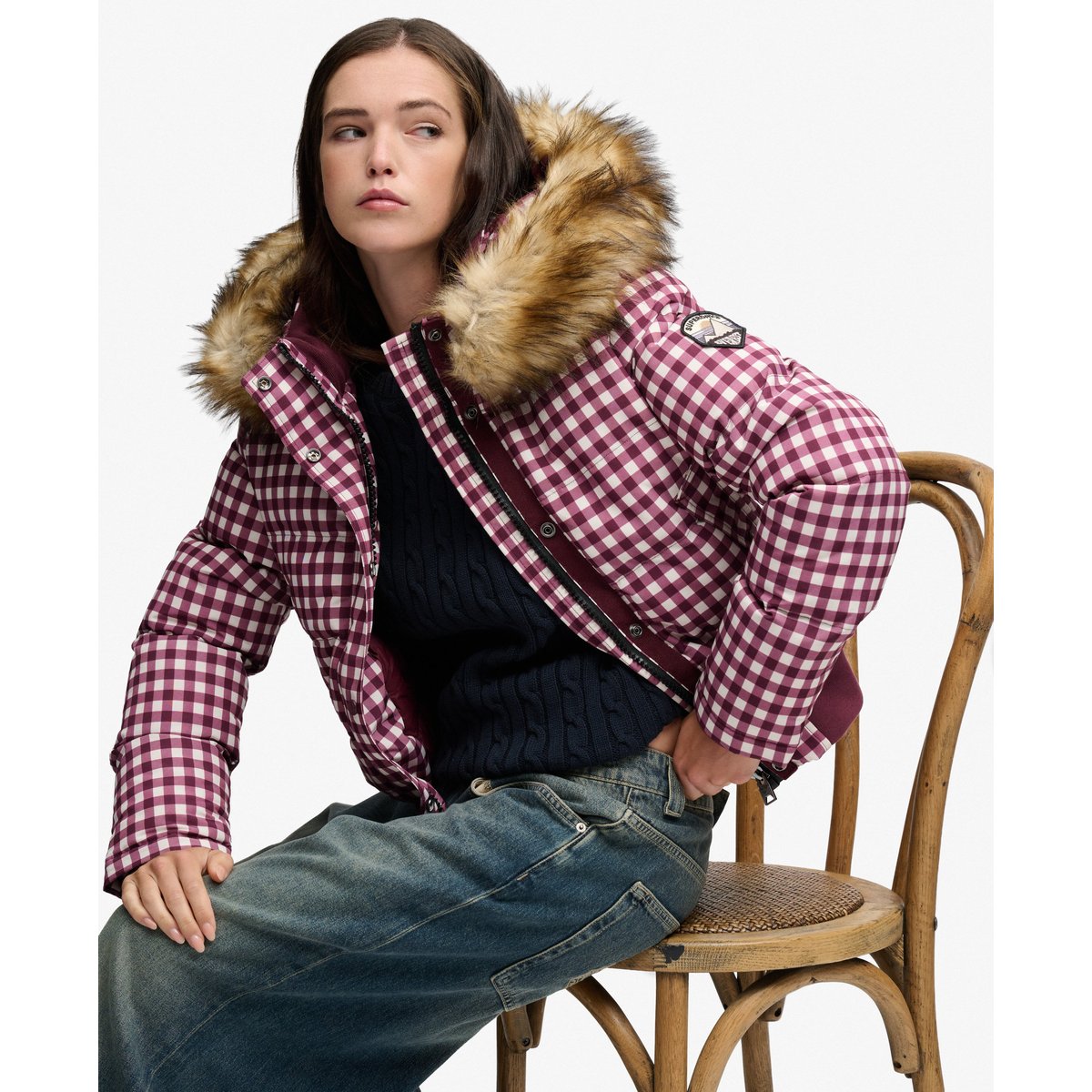 Veste Bomber Everest Check à Capuche Coupe Ajustée vichy mûre/crème, SUPERDRY