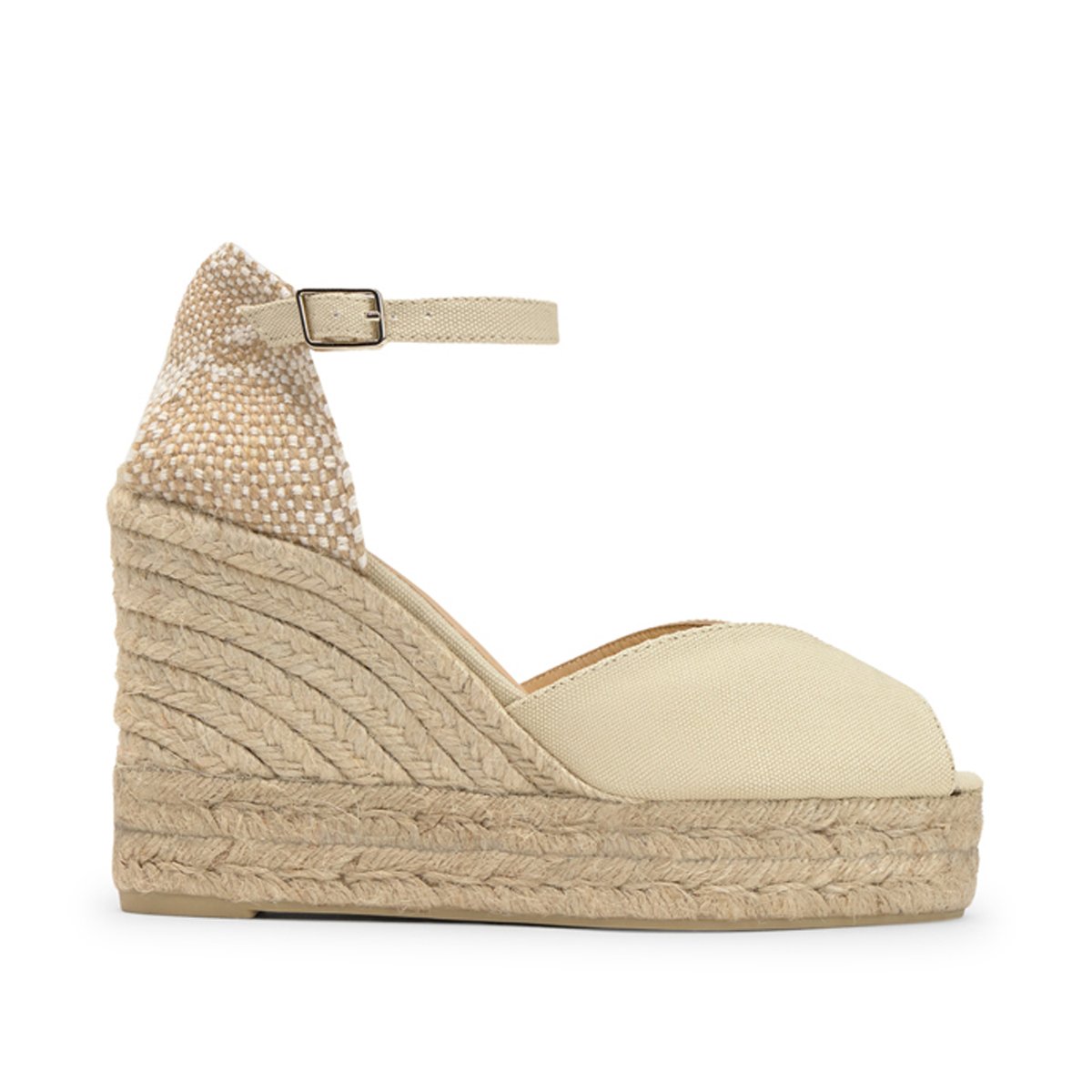 Sandales compensées en coton bio et jute tressée à bride cheville BIANCA EXTRA PLATFORM ivoire, CASTANER