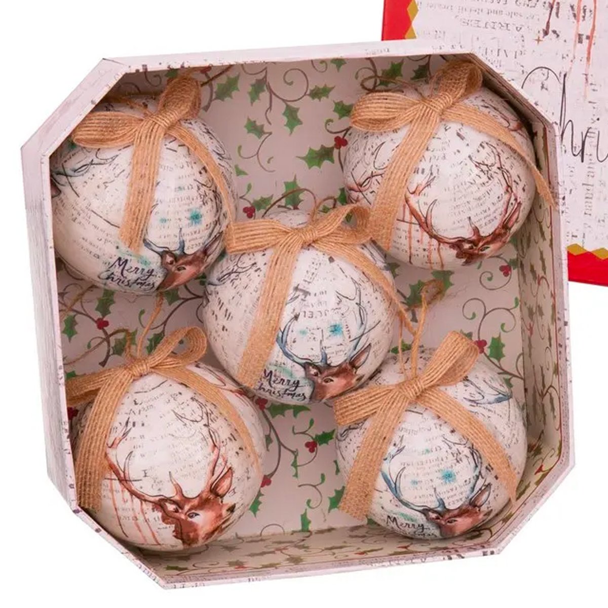 Coffret de 5 boules de Noël rétro cerf - 7.5cm rouge, WADIGA