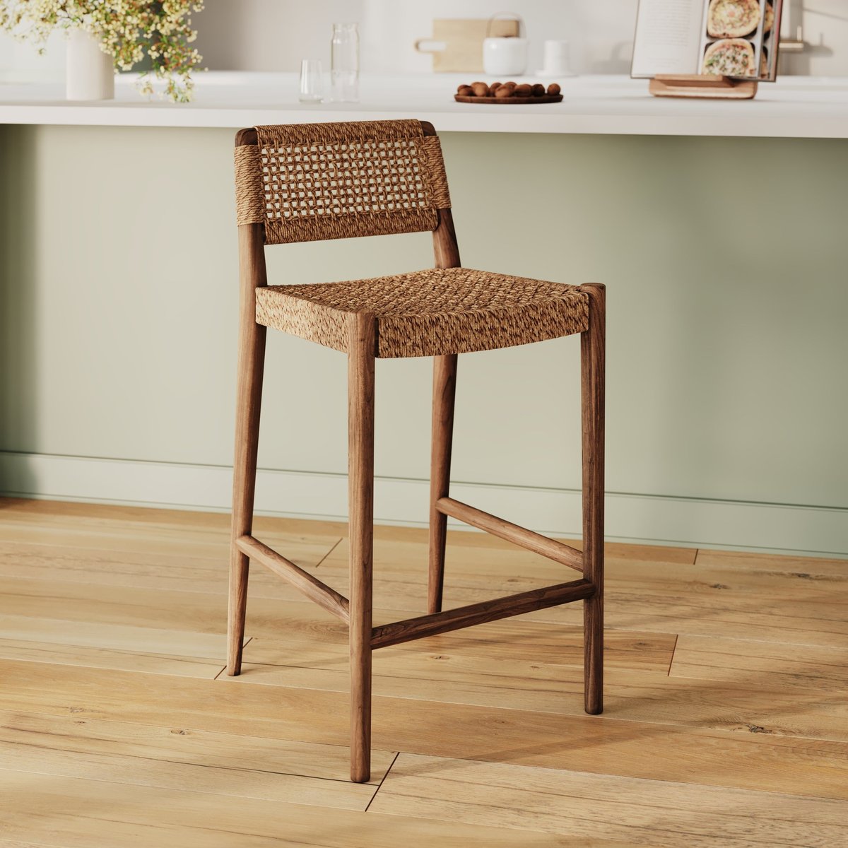 Chaise pour îlot central 65 cm en teck vernis et tissage synthétique - YABA marron, MAISON PAVANE