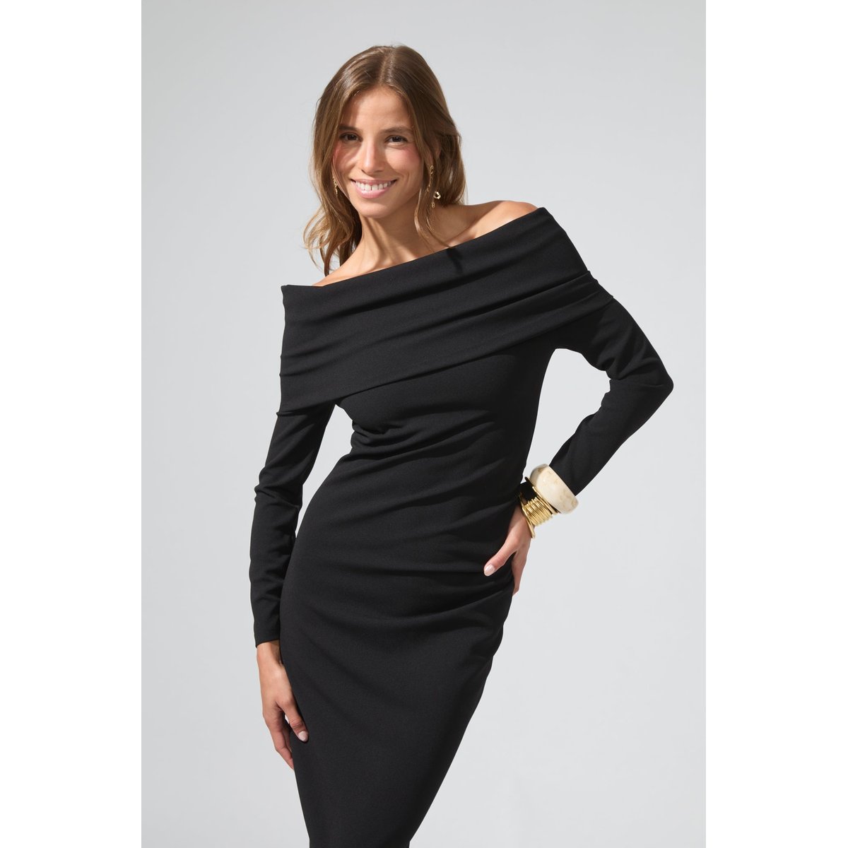Robe longue encolure bardot ELIZABETH noir, BENOA