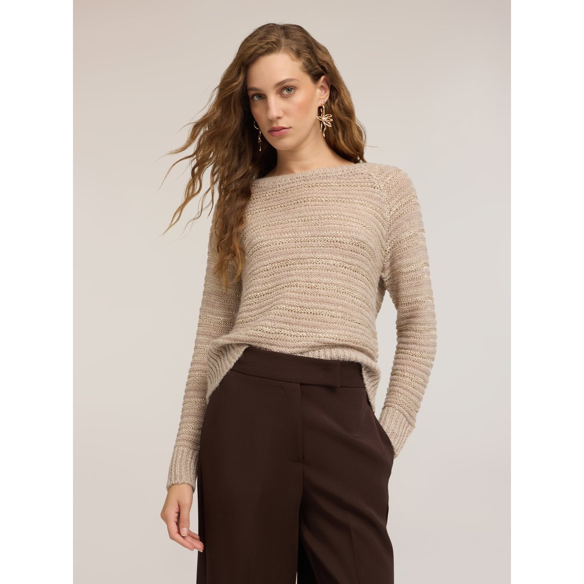 Pull rayé en maille ajourée beige, MOTIVI