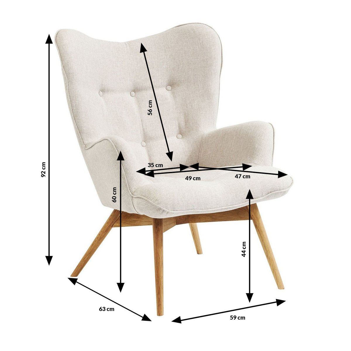Fauteuil capitonné en polyester et hêtre, VICKY écru, KARE DESIGN