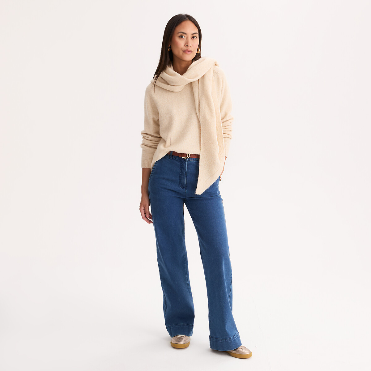 Maglione a collo rotondo in maglia fine, con sciarpa rimovibile beige chiaro chiné, ANNE WEYBURN