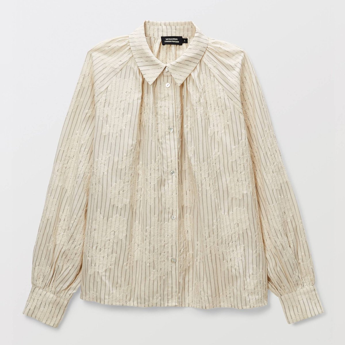 Chemise manches longues rayée avec détail de broderie en coton BIO GOTS ecru, MONOPRIX