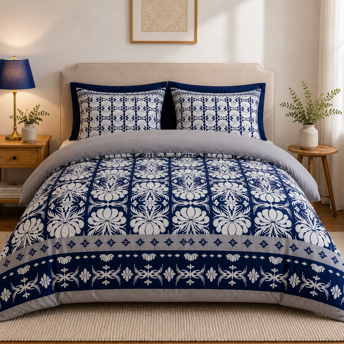 Parure housse de couette en coton imprimée, Folk gris, C DESIGN HOME TEXTILE
