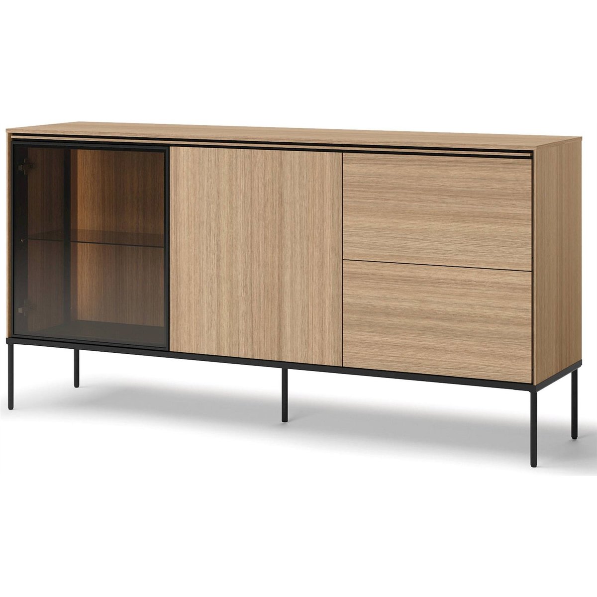 Buffet vitrine bois avec LED VISSO chêne linéaire et noir, RECOLLECTION