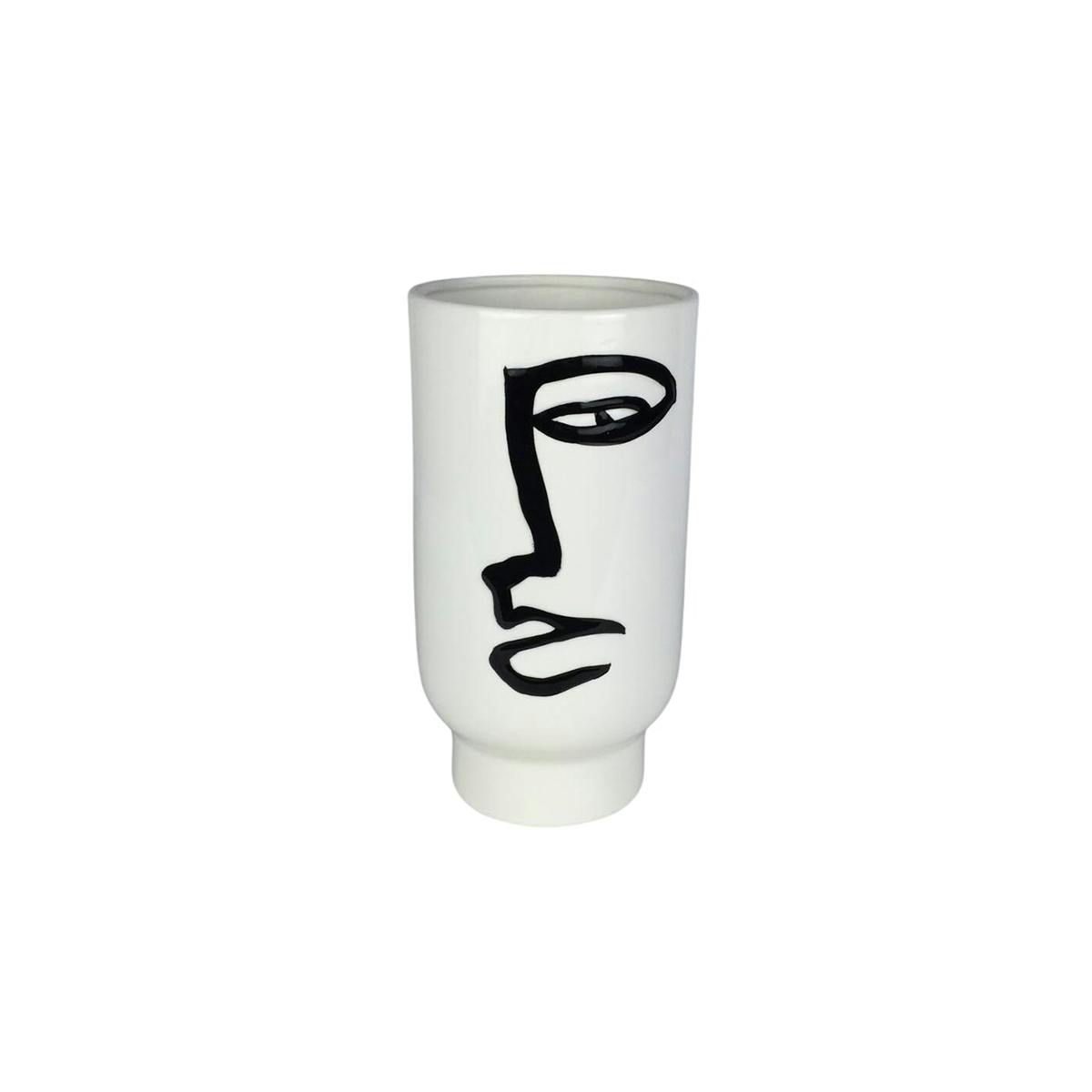 Vase blanc rond décor visage abstrait H25 cm blanc, PIER IMPORT