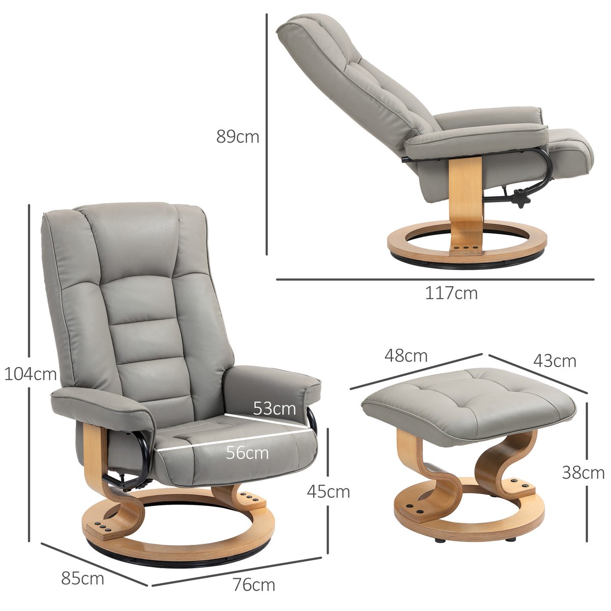 Fauteuil inclinable avec repose-pieds gris, HOMCOM