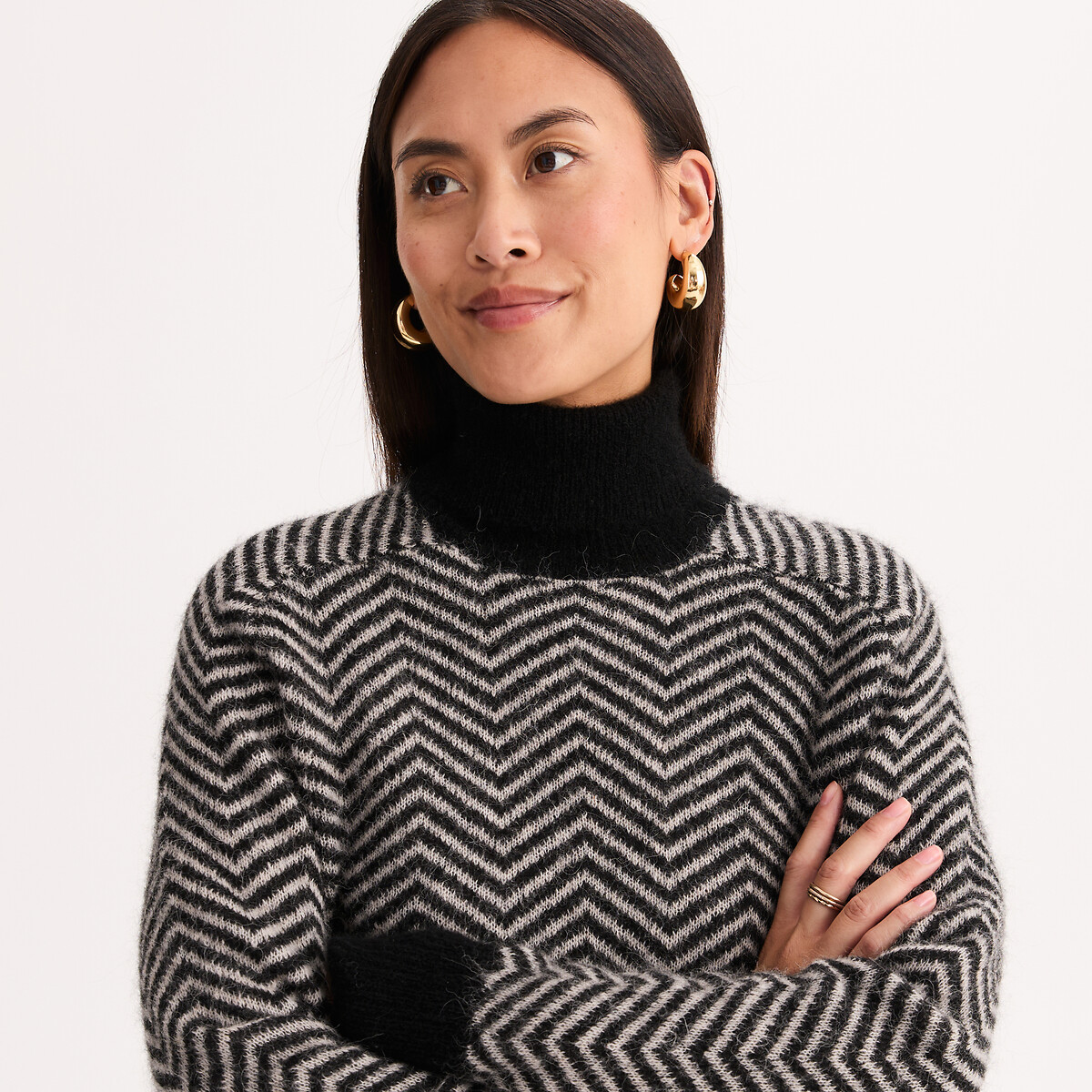 Pull col roulé, laine et alpaga mélangés noir/beige, ANNE WEYBURN