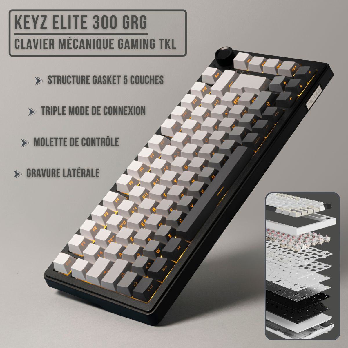 Clavier gamer sans fil Keyz Elite 300 GRG Triple Mode Gris couleur unique, THE G-LAB